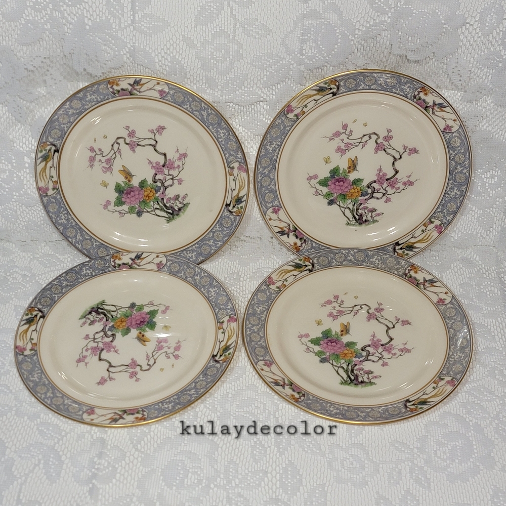 Lenox Ming Birds Salad Plates Set of 4 Vintage Floral Bird Gold Trim Black Stamp